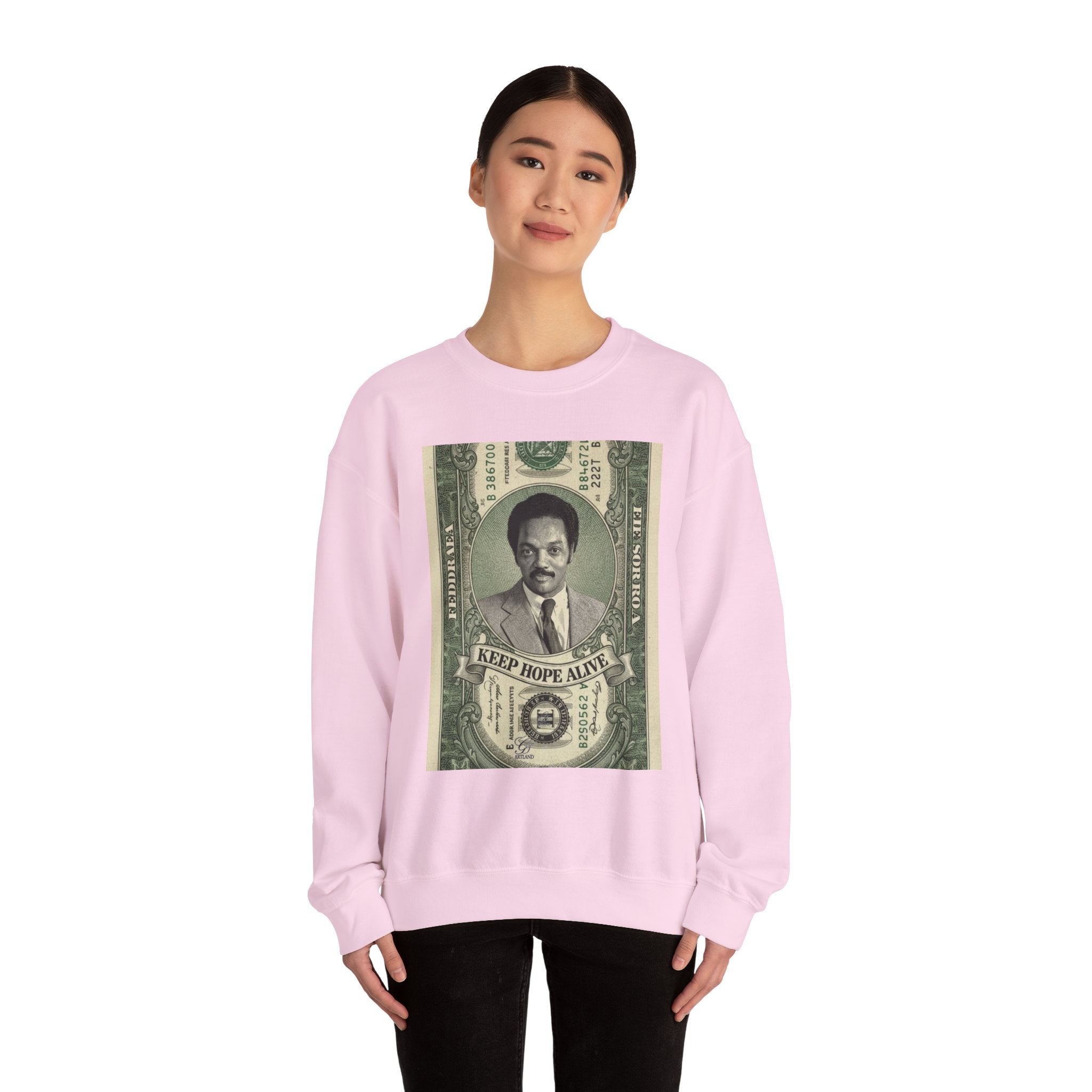 Jesse Jackson Crewneck Sweatshirt — Retro Dollar Portrait “Keep Hope Alive” Graphic